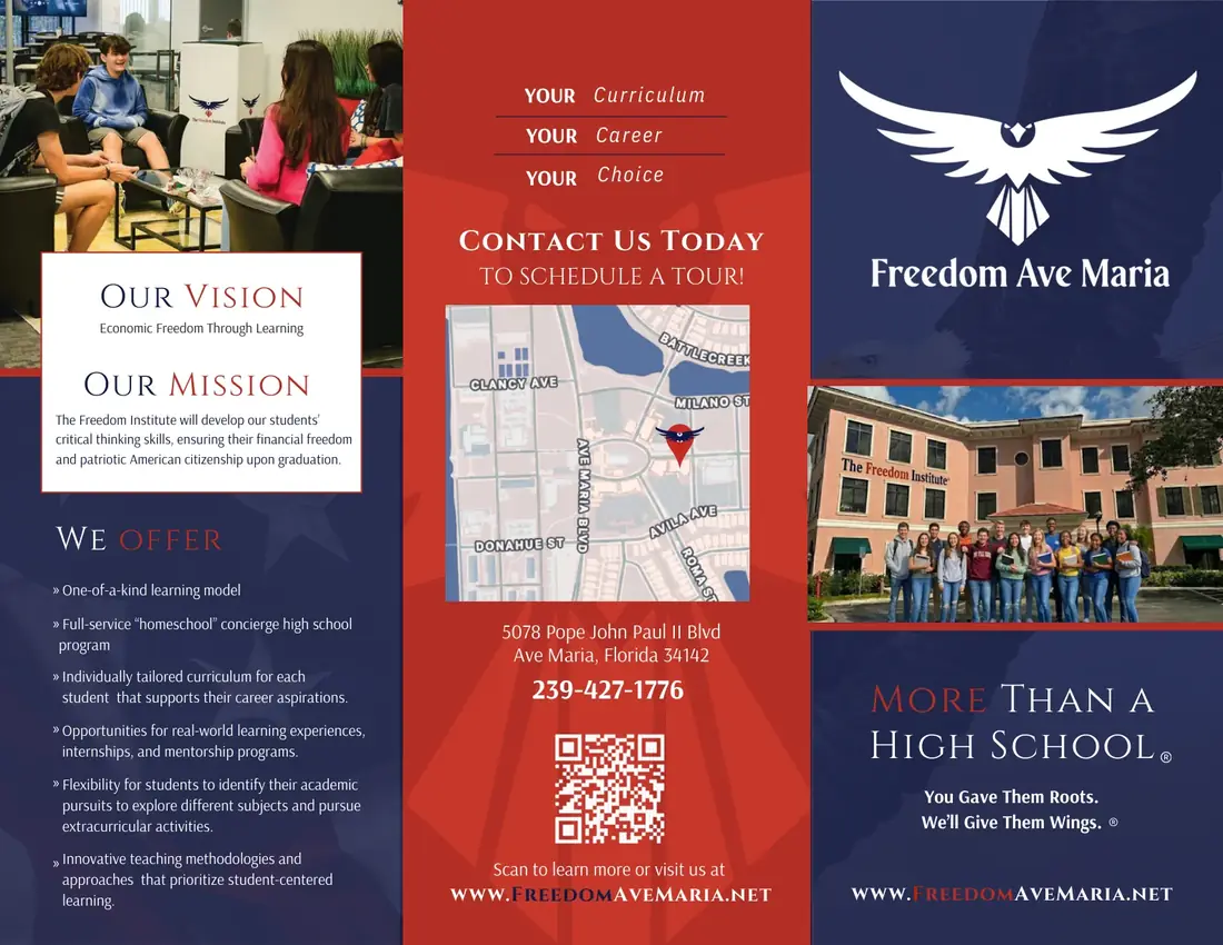 Freedom Ave Maria brochure front: vision, mission, contact, and campus