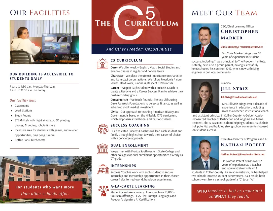Freedom Ave Maria brochure inside: facilities, the C5 curriculum, and the team