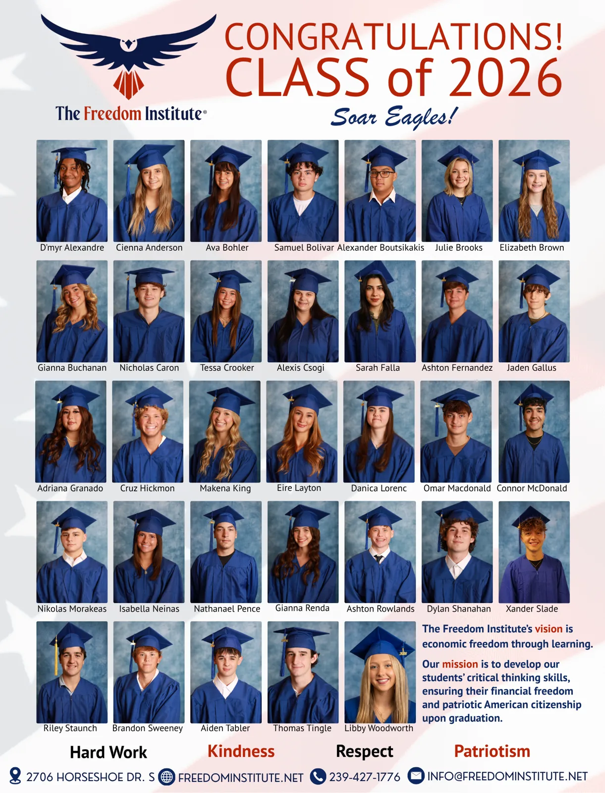 Congratulations Class of 2026 page with portraits of the Freedom Institute graduates