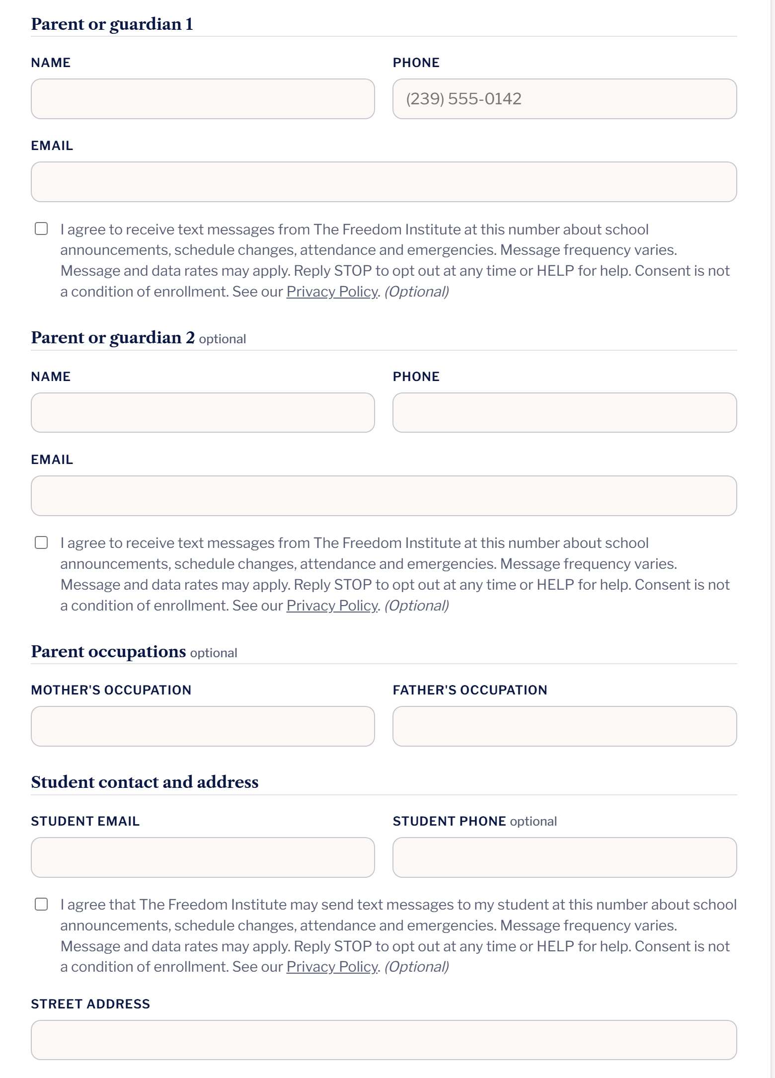Step 2 of The Freedom Institute online enrollment form, showing an unchecked text-message consent checkbox beneath each parent and student phone number field