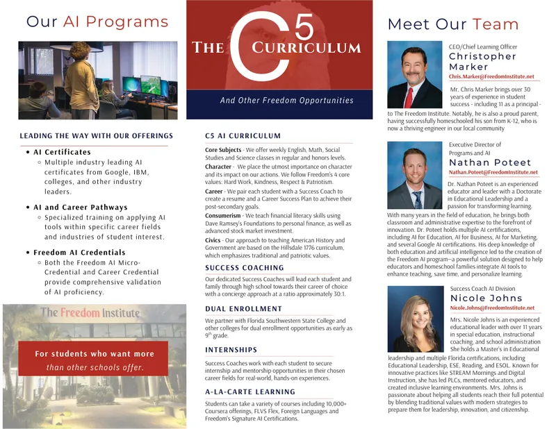 Brochure page describing the 5 C's Curriculum and staff profiles of Christopher Marker, Dr. Nathan Poteet, and Nicole Johns.